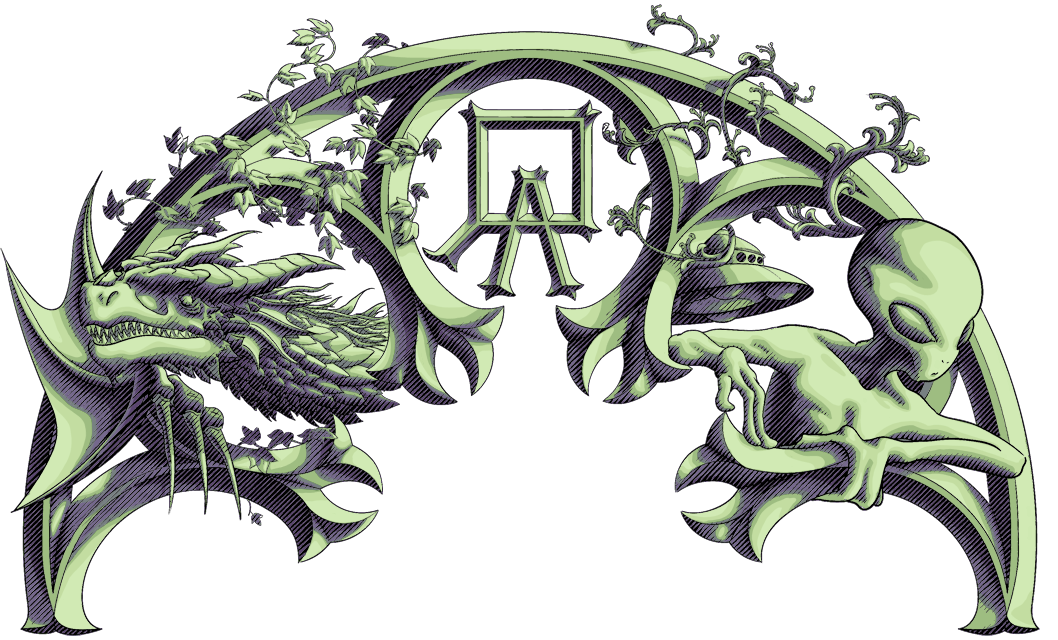 Banderole du site représentant un dragon, un alien et les initiales de l'artiste Quentin Aubé